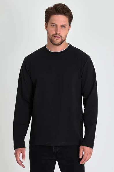Erkek Siyah Çift Bisiklet Yaka Standart Rahat Kesim Sweatshirt ürün görseli 1