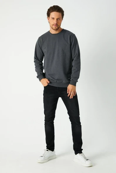 Erkek Antrasit Basic Bisiklet Yaka Sweatshirt - Resim 2
