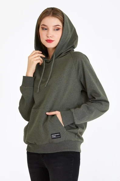 Kadın Haki Kapüşonlu Basic Örme Sweatshirt - Resim 2