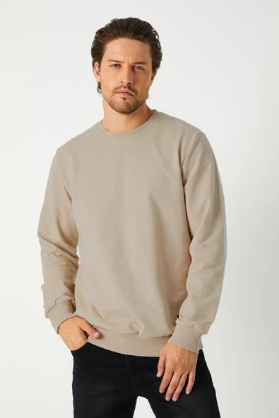 Erkek Bej Basic Bisiklet Yaka Sweatshirt - Resim 2