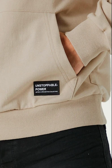 Bej Erkek Kapüşonlu Kanguru Cepli Sweatshirt - Resim 3
