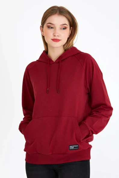 Kadın Bordo Kapüşonlu Basic Örme Sweatshirt ürün görseli 1