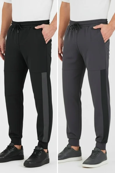 Erkek Siyah-Antrasit Standart Fit Normal Kesim Paça Ribanalı Cepli Rahat Jogger 2'li Eşofman Altı