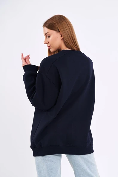 Lacivert Kadın Pamuklu Oversize Basic Bisiklet Yaka Sweatshirt - Resim 3