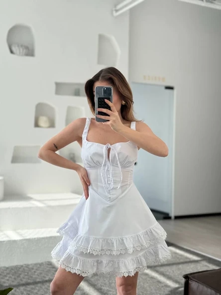 Fırfırlı Askılı Mini Elbise - Beyaz - Resim 4