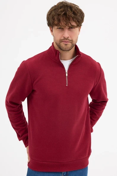 Erkek Bordo Standart Fit Normal Kesim Pamuklu Yarım Fermuarlı Dik Yaka Pamuklu Sweatshirt ürün görseli 1