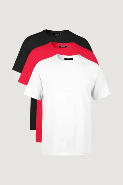 Erkek  Çok Renkli %100 Pamuk T- Shirt Regular Fit Rahat Kesim Bisiklet Yaka 3'lü Basic Tişört Paketi ürün görseli 1