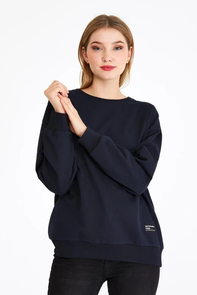 Kadın Lacivert Renk Basic Bisiklet Yaka Sweatshirt - Resim 2