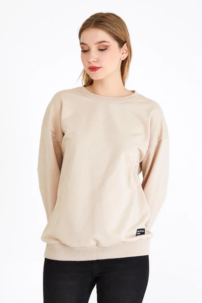 Kadın Bej Renk Basic Bisiklet Yaka Sweatshirt ürün görseli 1