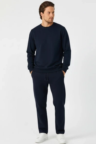 Lacivert Relaxed Fit Bisiklet Yaka Sweatshirt Düz Paça Erkek Eşofman Takımı ürün görseli 1