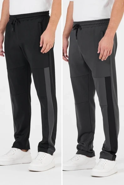 Erkek Siyah-Antrasit Standart Fit Normal Kesim Düz Paça Cep Fermuarlı Rahat Jogger 2'li Eşofman Altı ürün görseli 1
