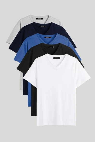 Erkek Çok Renkli %100 Pamuk T- Shirt Regular Fit Rahat Kesim V Yaka 5'li Basic Tişört Paketi ürün görseli 1