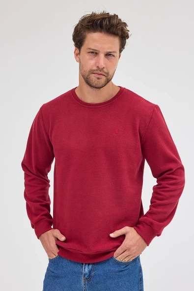 Erkek Bordo Standart Fit Normal Kesim Pamuklu Basic Bisiklet Yaka Sweatshirt ürün görseli 1