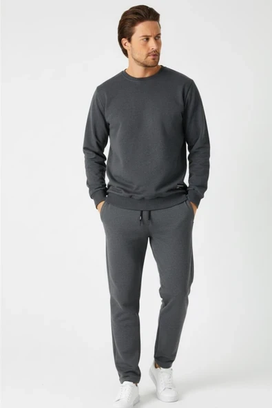 Antrasit Relaxed Fit Bisiklet Yaka Sweatshirt Düz Paça Erkek Eşofman Takımı ürün görseli 1