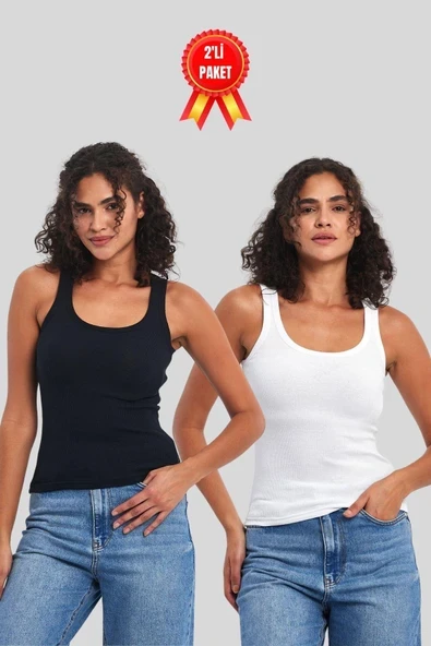 Kadın Siyah-Beyaz Fitilli Görünümlü Askılı Kalın 2'li Basic Atlet ürün görseli 1