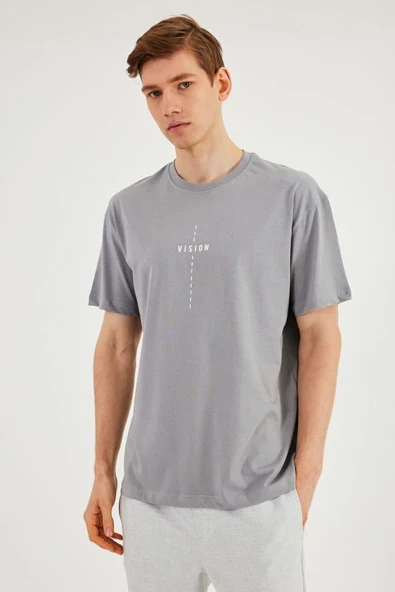 Leo Erkek Oversize Tshirt %100 Pamuk Bisiklet Yaka Baskı Detaylı Basic Gri Tişört ürün görseli 1