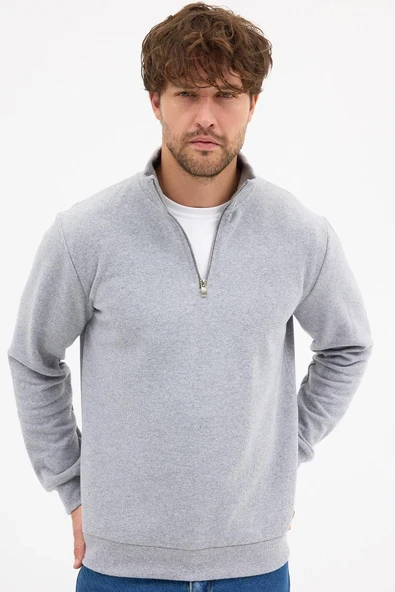Erkek Gri Standart Fit Normal Kesim Pamuklu Yarım Fermuarlı Dik Yaka Pamuklu Sweatshirt ürün görseli 1