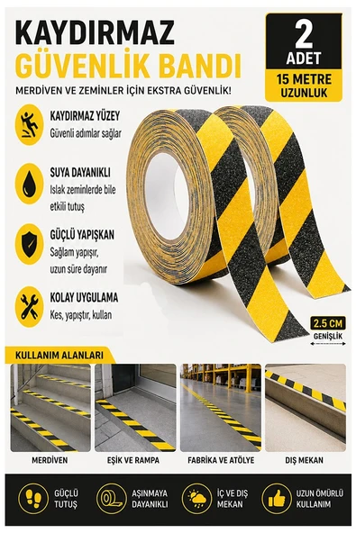 Merdiven Kaydırmaz Bant Sarı Siyah 25mm 2 Adet Mas Güvenlik Uyarı Bandı 15 Metre 2.5 cm Yapışkanlı Basamak Mermer Beton ürün görseli 1