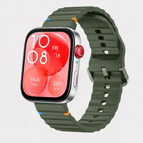 Huawei Watch Fit 3 İle Uyumlu Dalga Desenli Tokalı Yumuşak Soft Silikon Kordon  Haki ürün görseli 1