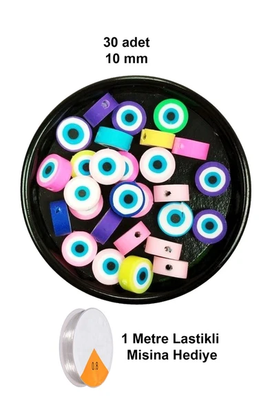 30 Adet 10 mm Polimer Kil Fimo Boncuk Takı Bileklik + 1 Metre Lastikli Misina Hediye - Nazar Boncuğu ürün görseli 1