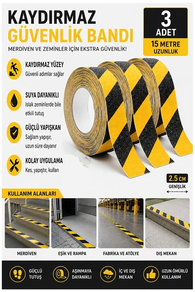 Merdiven Kaydırmaz Bant Sarı Siyah 25mm 3 Adet Mas Güvenlik Uyarı Bandı 15 Metre 2.5 cm Yapışkanlı Basamak Mermer Beton ürün görseli 1