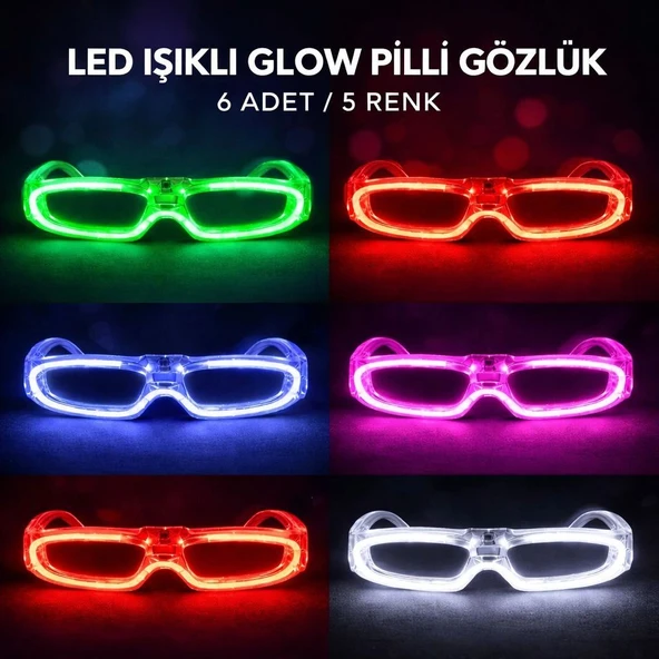 Led Işıklı Glow Pilli Parti Gözlüğü - Glow Efektli 6 Adet 5 Renk ürün görseli 1