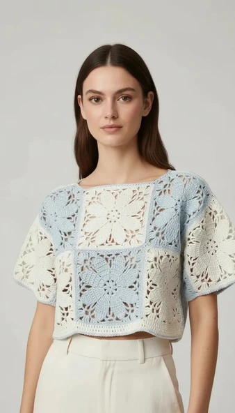 El Yapımı Çiçek Motifli Koton Crop Bluz ürün görseli 1