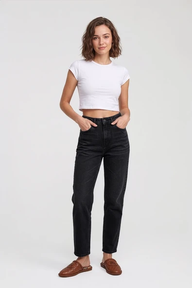 Kadın Yüksek Bel Slim Fit %100 Pamuk Antrasit Jean Pantolon ürün görseli 1