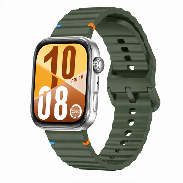 Huawei Watch Fit 4 ve Fit 4 Pro İle Uyumlu Dalga Desenli Tokalı Yumuşak Soft Silikon Kordon  Haki ürün görseli 1