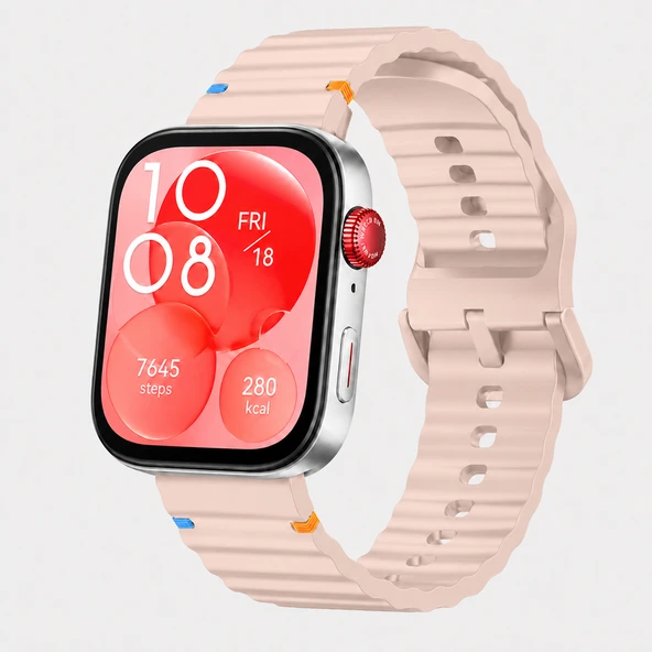 Huawei Watch Fit 3 İle Uyumlu Dalga Desenli Tokalı Yumuşak Soft Silikon Kordon  Pudra ürün görseli 1