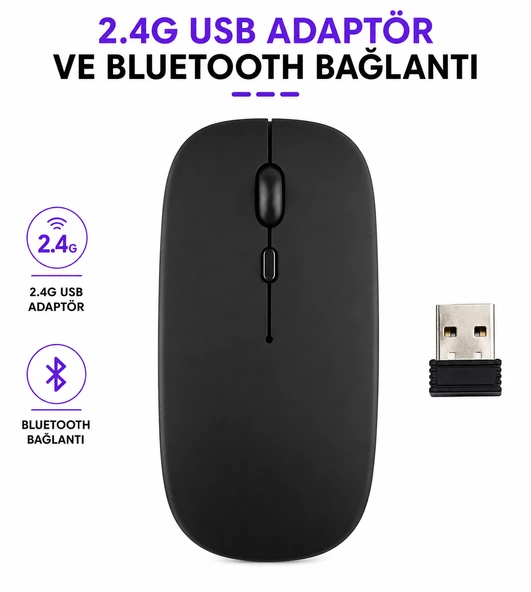 Kablosuz Şarjlı Mouse Bluetooth 5.2 + USB 2.4G Çift Modlu  Android Telefon Tablet iPad MacBook Laptop PC Uyumlu ürün görseli 1