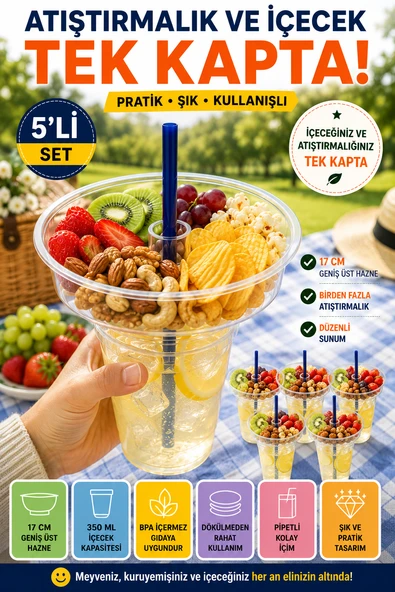 5'li Set Atıştırmalık Hazneli Bardak 350 ml Pipetli PET Piknik Sinema Parti İçecek Bardağı Seti 17 cm ürün görseli 1