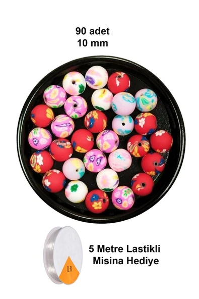 90 Adet 10 mm Polimer Kil Fimo Boncuk Takı Bileklik + 5 Metre Lastikli Misina Hediye - Desenli Yuvarlak ürün görseli 1