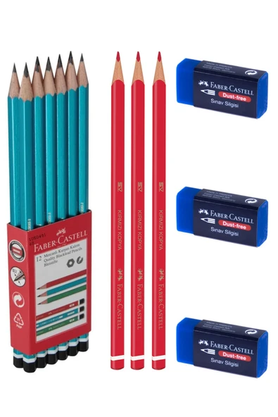 12'li Kurşun Kalem + 3 Adet Kırmızı Kalem + 3 Adet Faber Sınav Silgisi Yeni Tasarım Fırsat Set ürün görseli 1