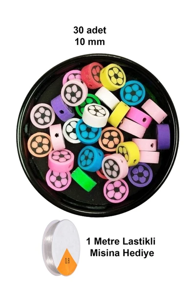 30 Adet 10 mm Polimer Kil Fimo Boncuk Takı Bileklik + 1 Metre Lastikli Misina Hediye - Renkli Çiçek ürün görseli 1