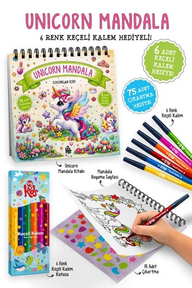 Unicorn Mandala - 6 Renk Keçeli Kalem ve 75 Adet Çıkartma Hediyeli 3+ ürün görseli 1