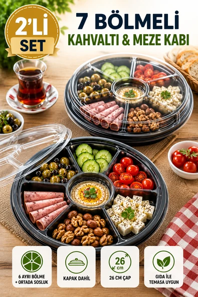 2'li Set 7 Bölmeli Kahvaltı Meze Kabı Kapaklı 26 cm Tek Kullanımlık Salata Sunum Kabı Seti ürün görseli 1