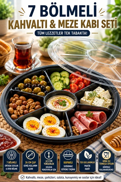 7 Bölmeli Kahvaltı Meze Kabı Kapaklı 26 cm Tek Kullanımlık Salata Sunum ve Paket Servis Kabı Seti ürün görseli 1