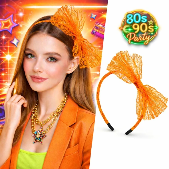 80’ler 90’lar Neon Turuncu Dantel Taç Fiyonklu ürün görseli 1