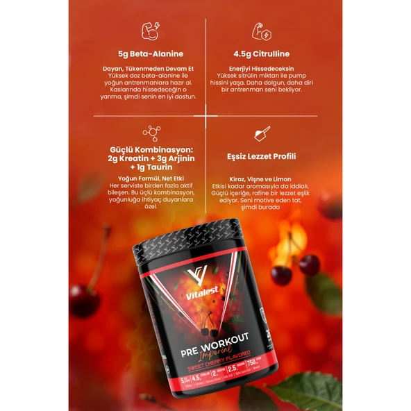 Vitalest Pre Workout 468G. 26 Servis Kiraz - Resim 4