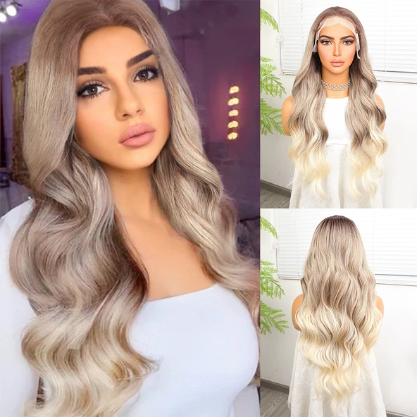 Kumral Platin Ombre ve Röfleli Fiber Sentetik Geniş Dalgalı Tül Peruk ürün görseli 1