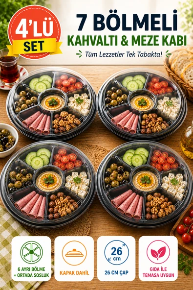 4'lü Set 7 Bölmeli Kahvaltı Meze Kabı Kapaklı 26 cm Tek Kullanımlık Salata Sunum Kabı Seti ürün görseli 1