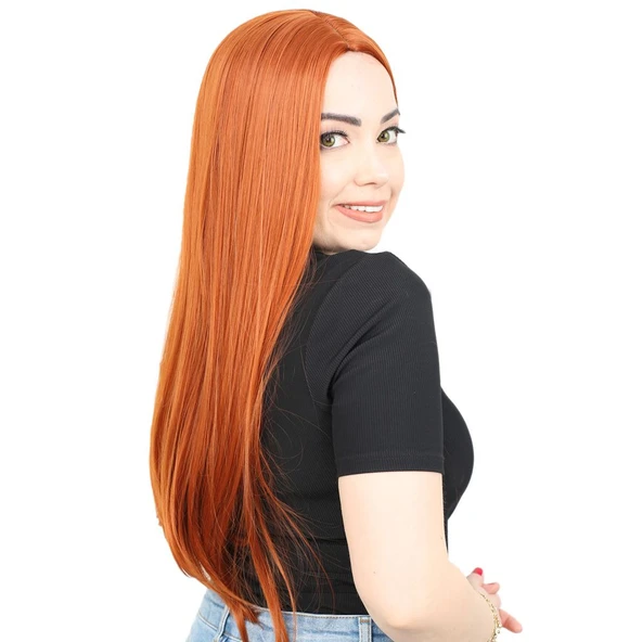 Fiber Sentetik Uzun Düz Peruk / Bakır - Resim 2