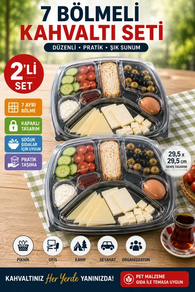 2'li Set Tabldot 7 Bölmeli Kapaklı Kahvaltı Seti PET Piknik Ofis Brunch Servis Kabı 29,5cm XL ürün görseli 1