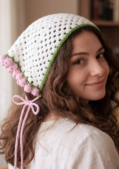 Retro Tarz El Emeği Örgü Saç Bandanası - Bağlamalı Kadın Bonnet Saç Aksesuarı ürün görseli 1