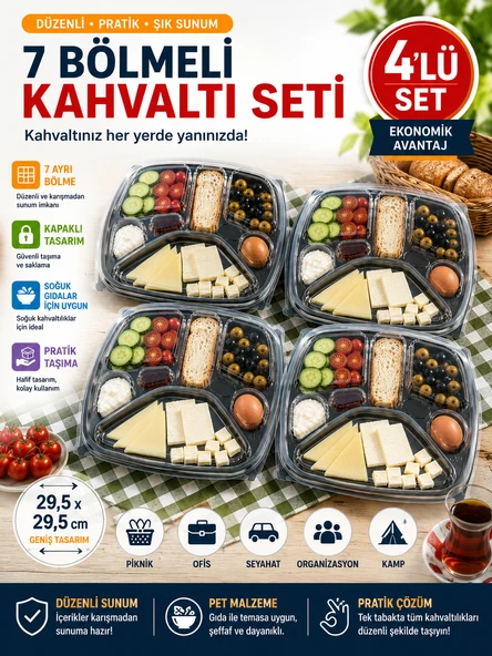 4'lü Set Tabldot 7 Bölmeli Kapaklı Kahvaltı Seti PET Piknik Ofis Brunch Servis Kabı 29,5cm XL ürün görseli 1