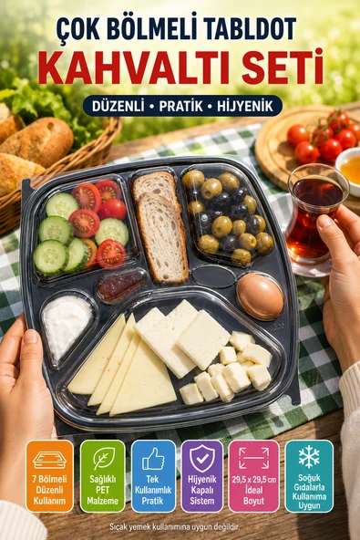 Tabldot 7 Bölmeli Kapaklı Kahvaltı Seti PET Tek Kullanımlık Piknik Ofis Brunch Servis Kabı 29,5cm XL ürün görseli 1