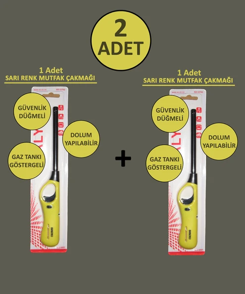 2 Adet Sarı Doldurulabilir Mutfak Çakmağı Ocak Kamp İçin Uzun Mangal Çakmak ürün görseli 1