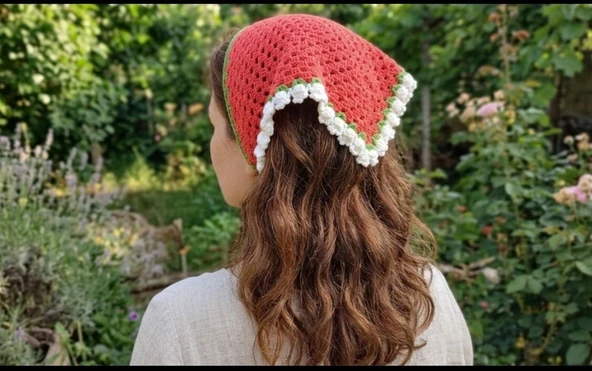 El Emeği Örgü Saç Bandanası - Çilek ve Karpuz Konseptli Kadın Örgü Bonnet ürün görseli 1