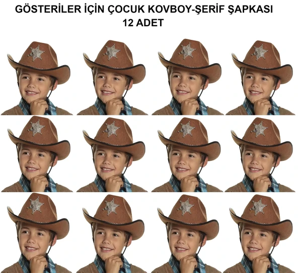Kovboy Şerif Şapkası Kahve 12 Adet - Kostüm, Parti Gösteri Şapkası ürün görseli 1